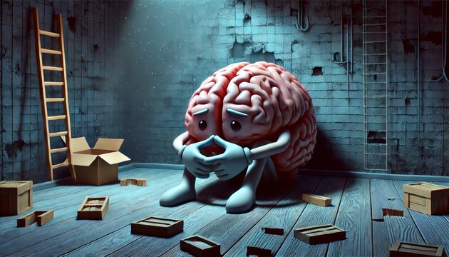 Illustration of a brain character with animated features, sitting in a dark, empty room, conveying feelings of depression and despair