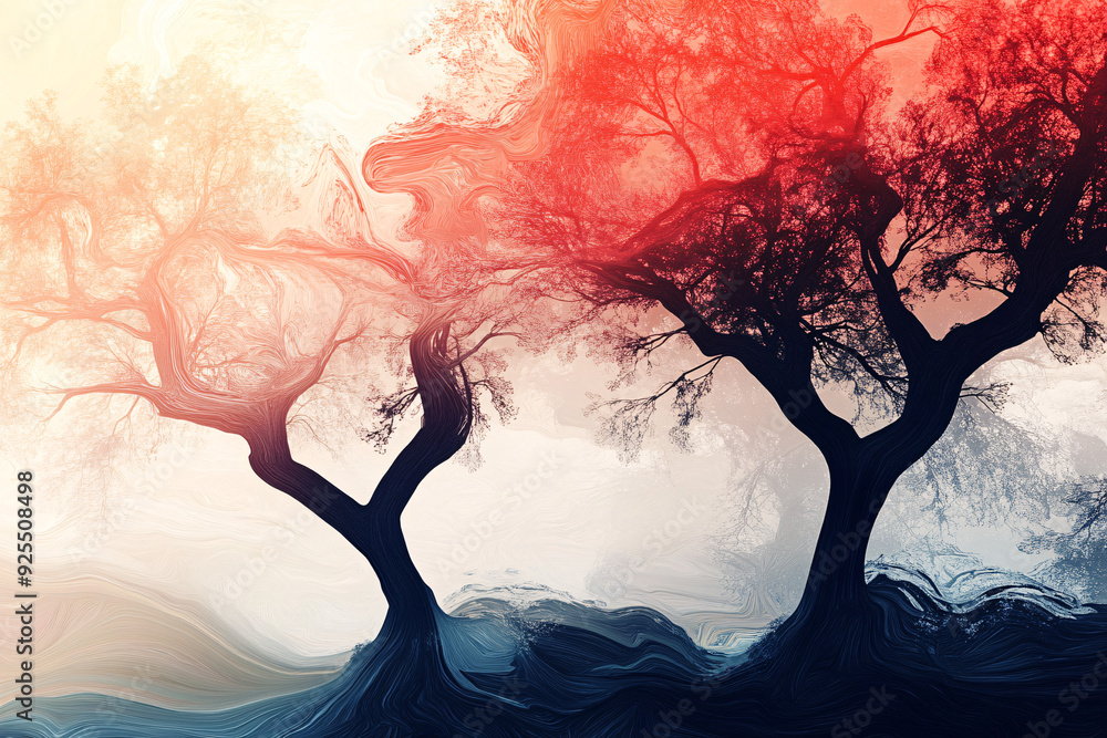 Poster artistic depiction of trees with swirling vibrant colors blending into the sky creating a surreal at