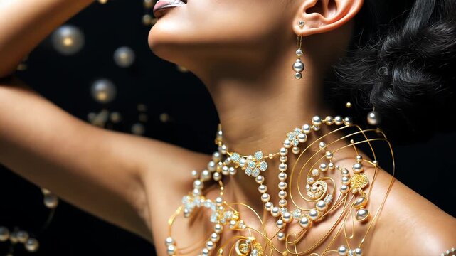 Jewelry fashion woman in luxury creative golden pearls jewels, glamour female african American model with beauty face makeup wearing expensive gold stylish Jewelry on black background.