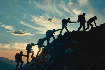 Obraz premium Silhouette of a diverse team helping each other to climb to the top of a mountain, representing success and teamwork in business.