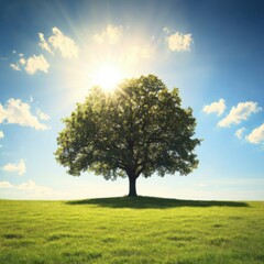 Obraz premium A lone tree stands in the middle of a grassy field, bathed in bright sunlight, with a blue sky and clouds overhead.