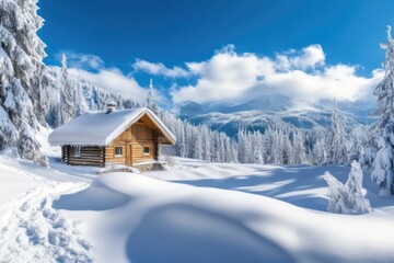 A cozy wooden cabin nestled in a snow-covered mountain landscape under a bright blue sky.