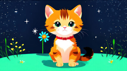 Little ginger kitten with flowers in its paws, space for text 