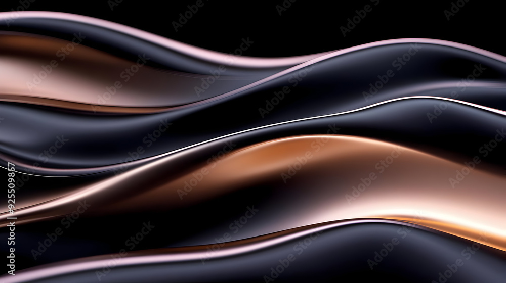 Poster abstract wavy lines in black and metallic tones create a dynamic visual effect.
