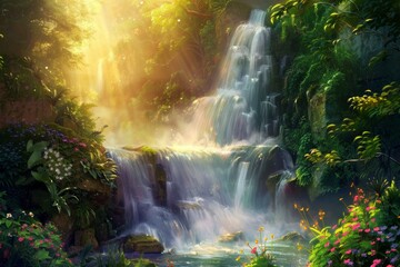 Waterfall landscape at golden hour in lush green forest, spring flowers in foreground