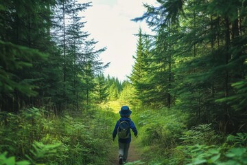 Obraz premium A young child walks along a path through a lush, green forest, wearing a blue jacket and hat, carrying a backpack.