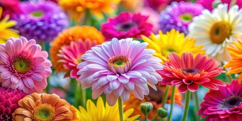 Close-up image of vibrant and pastel flowers in full bloom, colorful, multicolored, pastel, flowers, close-up, vibrant