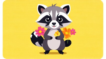 Little raccoon with flowers in its paws, space for text