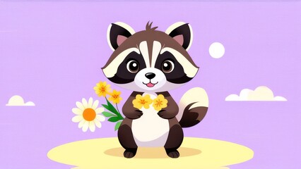 Fototapeta premium Little raccoon with flowers in its paws, space for text