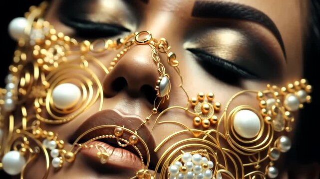 Jewelry fashion woman in luxury creative golden pearls jewels, glamour female african American model with beauty face makeup wearing expensive gold stylish Jewelry on black background.