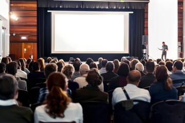 Large audience in an auditorium listening to a speaker on stage with a white screen and light background, viewed from behind, ideal for business presentations or conferences.