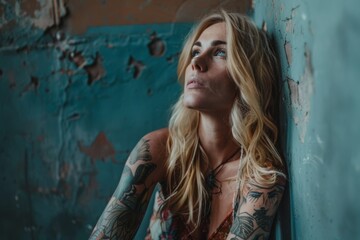 Fototapeta premium woman with a rude appearance, long mesy blond hair, in bohemian style clothing, eyes blue, tattoos in arms
