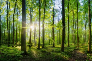 Panoramic view of a vibrant spring forest with sunlight filtering through tall tree trunks and green foliage, showcasing a serene natural landscape.