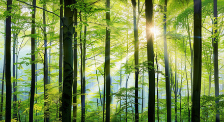 Fototapeta premium Panoramic view of a vibrant spring forest with sunlight filtering through tall tree trunks and green foliage, showcasing a serene natural landscape.