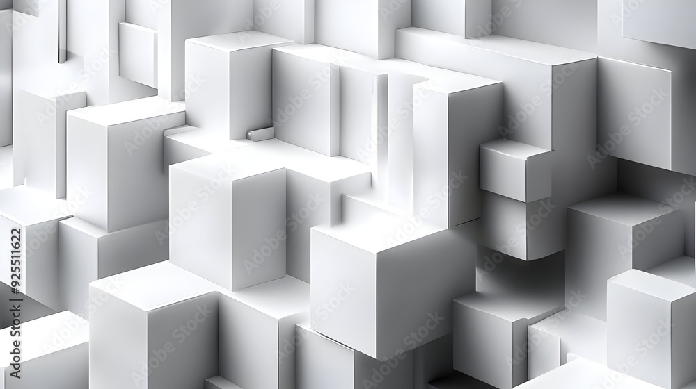 Poster abstract white geometric blocks creating a three-dimensional textured background.