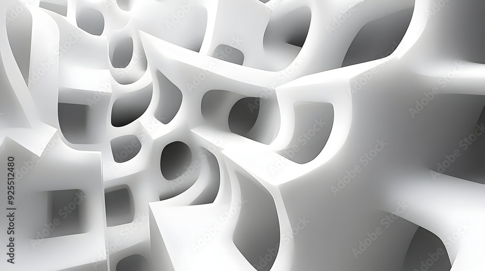 Poster abstract white structure with intricate curves and openings, evoking a sense of depth.