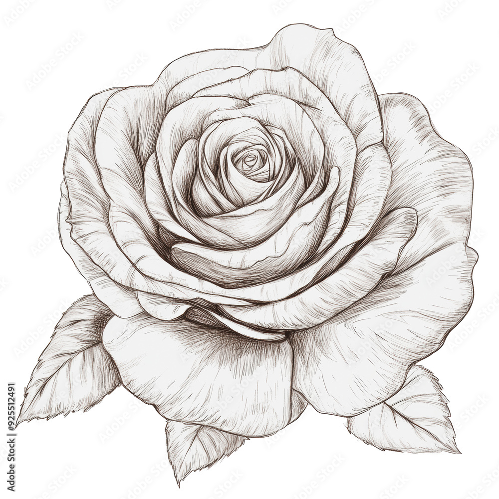 Poster PNG Detailed sketch of a blooming rose flower