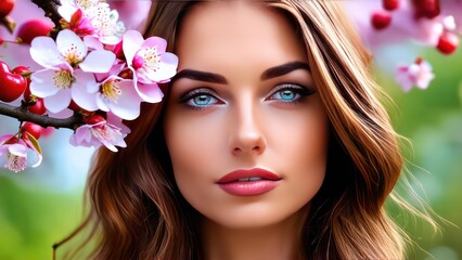 Naklejka premium portrait of a beautiful woman face with cherry blossom