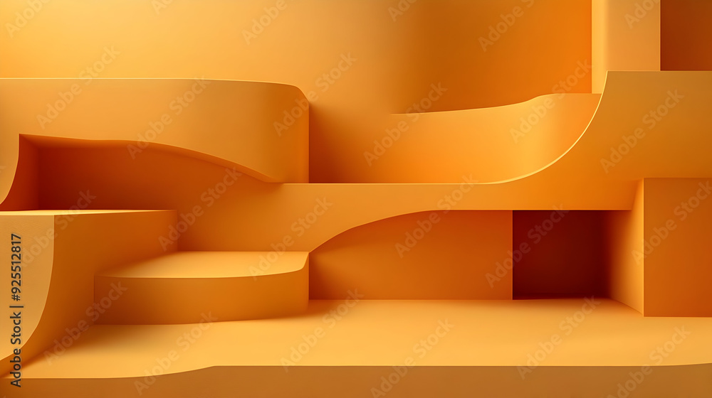 Poster abstract yellow 3d background with curved shapes and platforms for product display.