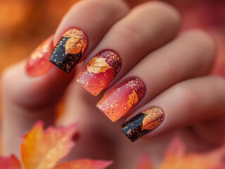 Autumn-inspired nail design featuring gradient colors and leaf accents
