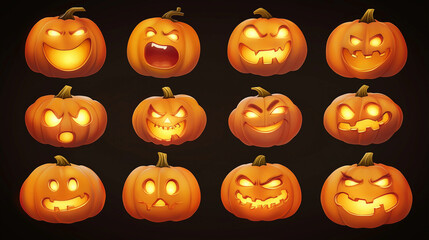 Collection of Glowing Cartoon Jack-O'-Lanterns with Various Expressions
