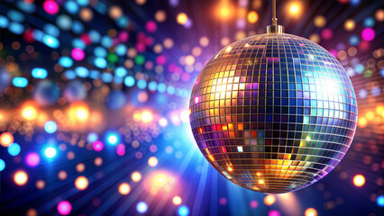 Obraz premium Photorealistic close-up of a sparkling disco ball hanging from the ceiling, vibrant colored lights reflecting off the surface, dark background, party atmosphere with dynamic lighting 