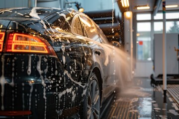 Fototapeta premium washing black passenger car at automatic car wash