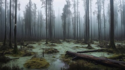 Obraz premium A foggy forest swamp with tall trees, fallen logs, and mossy terrain.