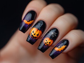 Halloween-themed nail art with pumpkin and bat designs on long black nails