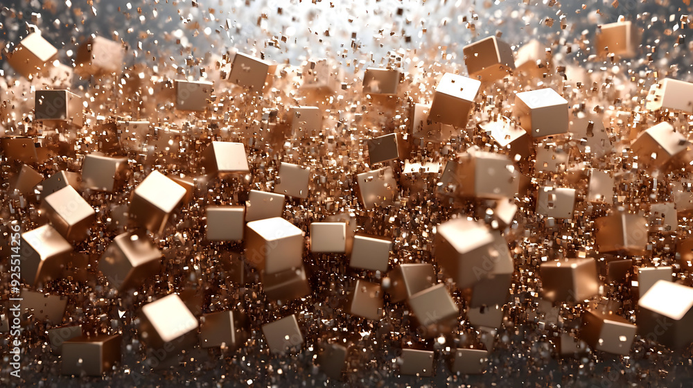 Poster an abstract scene of shimmering cubes and particles creating a dynamic visual effect.