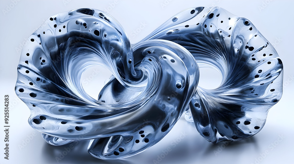 Poster an abstract sculpture featuring twisting forms and perforations, showcasing fluidity and depth.