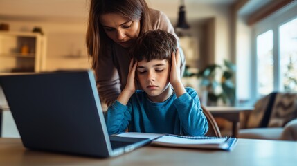 Obraz premium A boy is sitting at the table and doing homework with a laptop.
