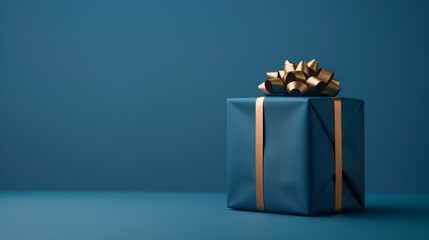 An elegant blue gift box with gold ribbon bow, centered on a single color deep ocean background. Happy birthday or Christmas present for man, isolated. 