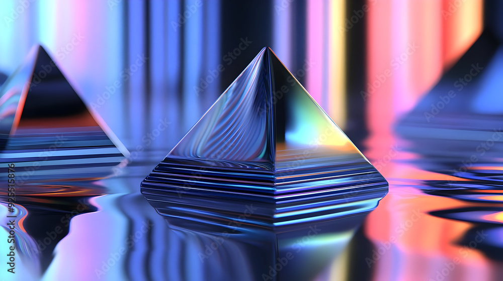 Poster close up of iridescent pyramid on reflective surface with colorful striped backdrop.