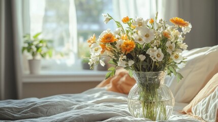 Flowers in a glass vase adorn a bedroom