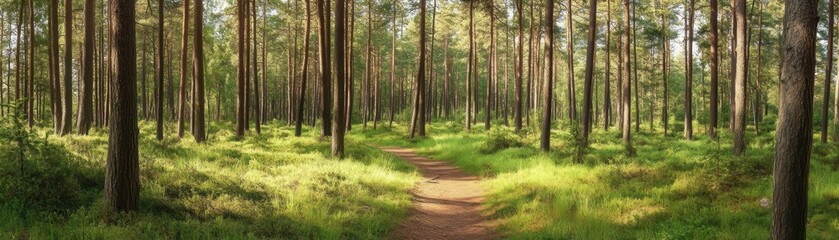 Fototapeta premium A tranquil forest path surrounded by tall trees and lush greenery, bathed in gentle sunlight.
