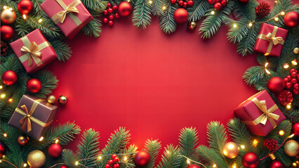 Christmas background with fir tree branches, red balls, gift boxes and lights on red background