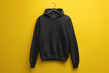 Blank black sweatshirt or hoodie template, front views isolated on yellow background, mockup black unisex clothes autumn or winter collection shopping sale in showroom 