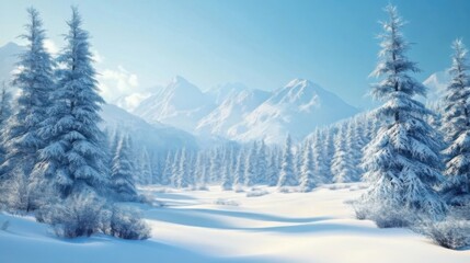 Fototapeta premium A serene snowy landscape with frosted pine trees and distant mountains under a clear blue sky.