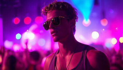 A young man with a sculpted physique, wearing tinted sunglasses and a loose tank top at a lively music