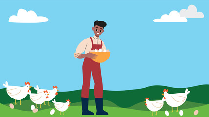 Man collecting eggs amidst chickens on a sunny farm day, exemplifying sustainable poultry farming.   © GlooStock