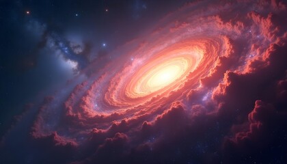 A massive spiral galaxy with a bright, fiery core surrounded by swirling clouds of gas and dust in a dark, starry night sky