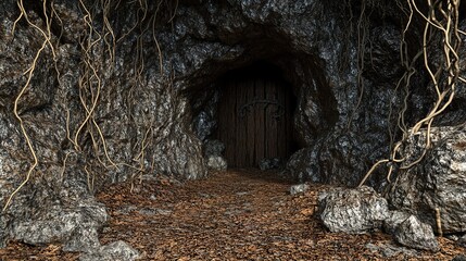 Obraz premium Mysterious cave entrance with wooden door surrounded by rocks and vines