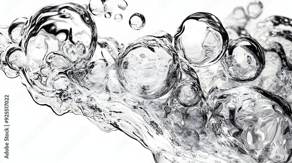 Poster close-up of bubbles and water in motion, showcasing fluid dynamics and transparency.