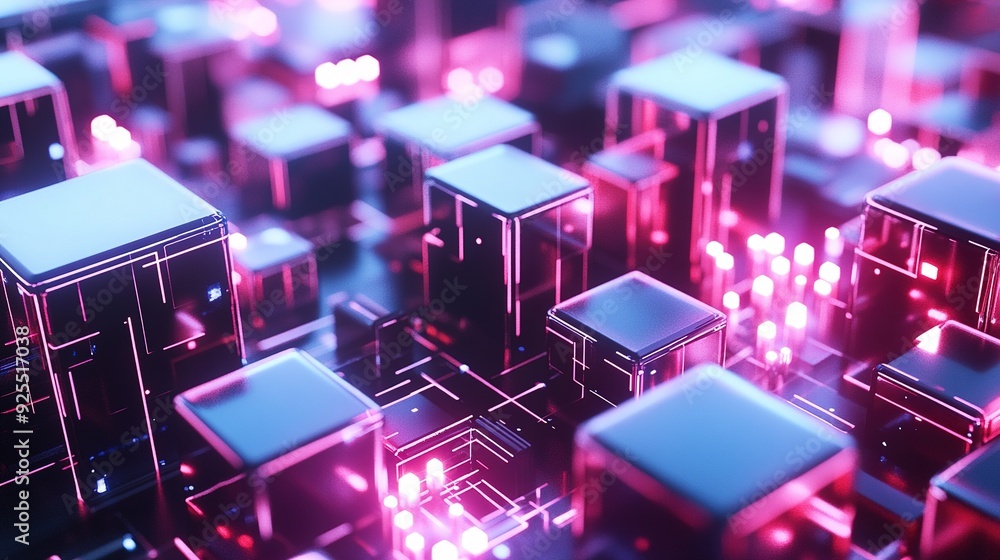 Poster abstract visualization of neon-lit cubes representing digital technology and innovation in a futuris