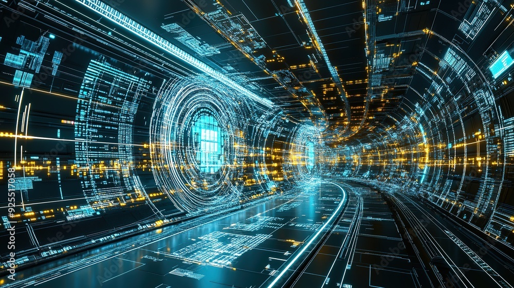 Poster futuristic digital tunnel with glowing lines and abstract patterns in a high-tech environment