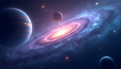 A swirling galaxy with a large planet in the foreground, surrounded by smaller planets or moons, against a backdrop of stars and cosmic phenomena