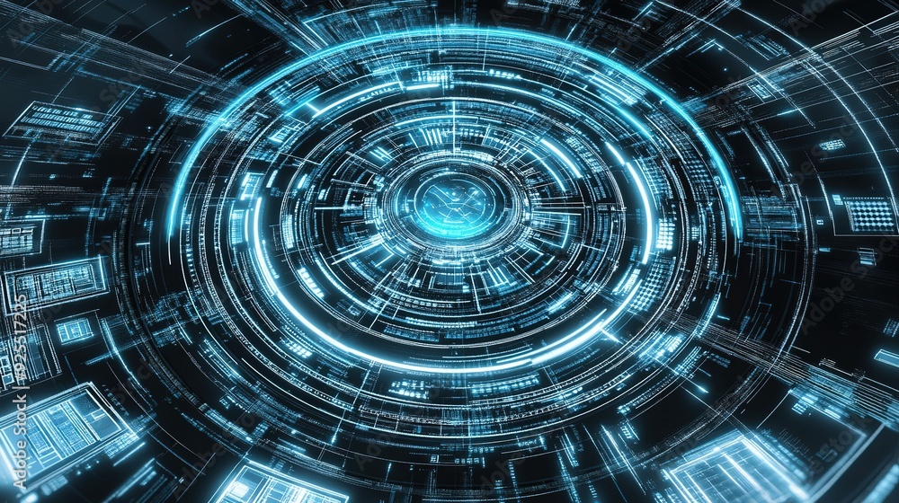 Poster digital abstract representation of a futuristic data network with glowing circular patterns and inte