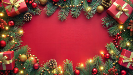 Christmas background with fir branches, red decorations and gift boxes on red background. Top view with copy space