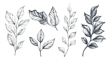 Fototapeta premium Detailed botanical illustration of various leaf types with intricate shading in a minimalist style
